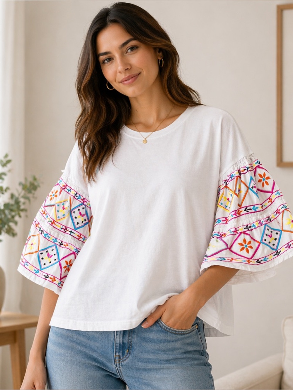 Oddi 1XL White Embroidered Bell Sleeve Top